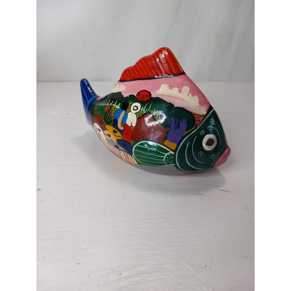 Mexican Folk Art Fish Figurine Hand Painted Ceramic Talavera Terra Cotta Figure